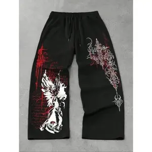 Men'sCasualSportyLongPants,Angel&CrossPrintDrawstringWideLegJoggers,AllSeasonLooseFitMen'sClothing