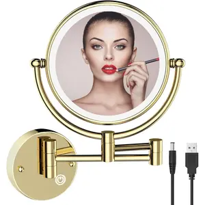 Rechargeable lighted makeup mirror wall mounted double sided 1x5x wall mount magnifying mirror for bathroom brass wall mounted mirror swing arm pvd zirconium gold