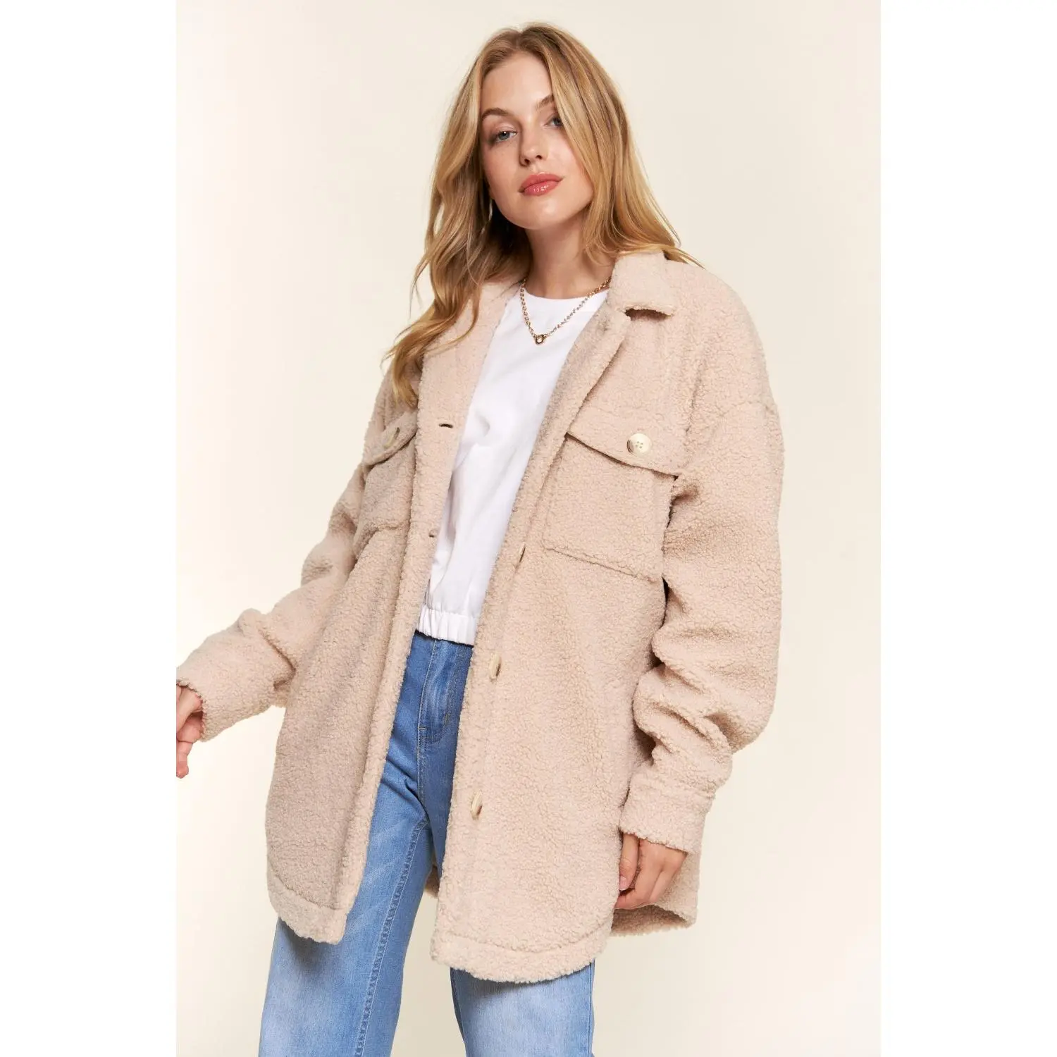 And The Why Teddy Sherpa Button Down Curved Hem Shacket Casual Comfort