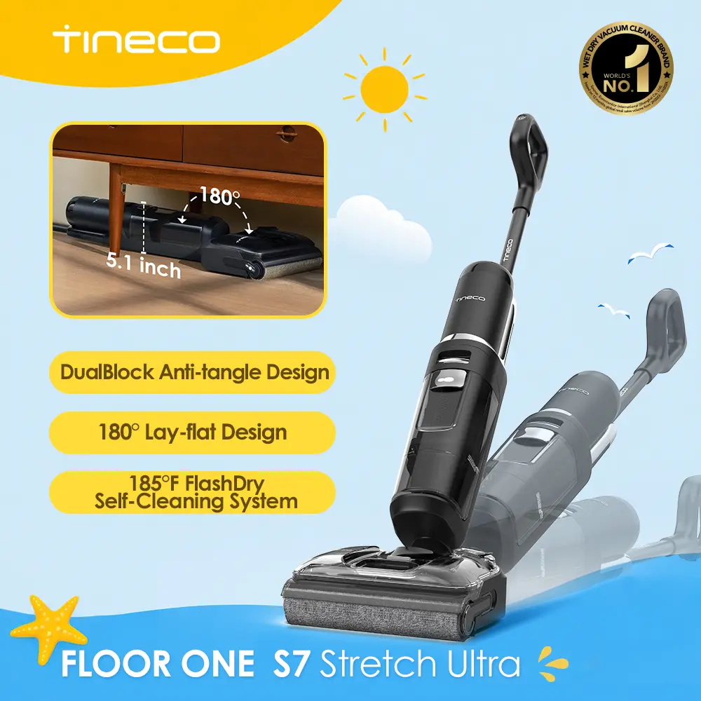 [New arrival] TINECO Floor One S7 Stretch Ultra Cordless Wet Dry Vacuum Cleaner, 180° Lay-Flat Anti-Tangle Design, 50-Minute Runtime, 185℉ Flashdry Self-Cleaning, Dual-Sided Edge Cleaning Floor Care Appliance