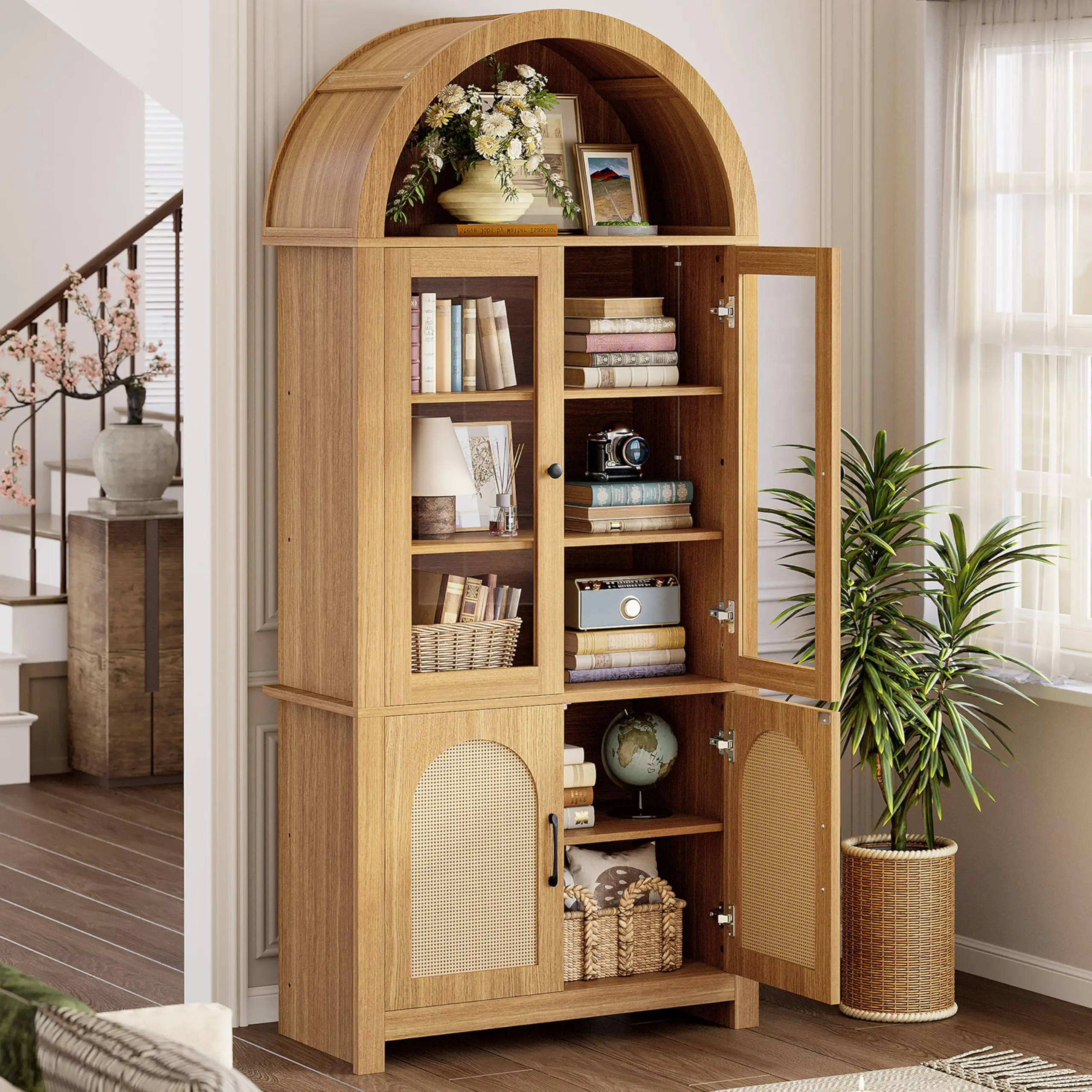 IRONCK 75" Tall Arched 6-Tier Rustic Bookshelf - Furniture with Tempered Glass Door, Rattan Accents, LED Lights, Anti-Tip Kit, Home Library Storage Cabinet for Office, Collectibles, Study Setup, Office Inspo