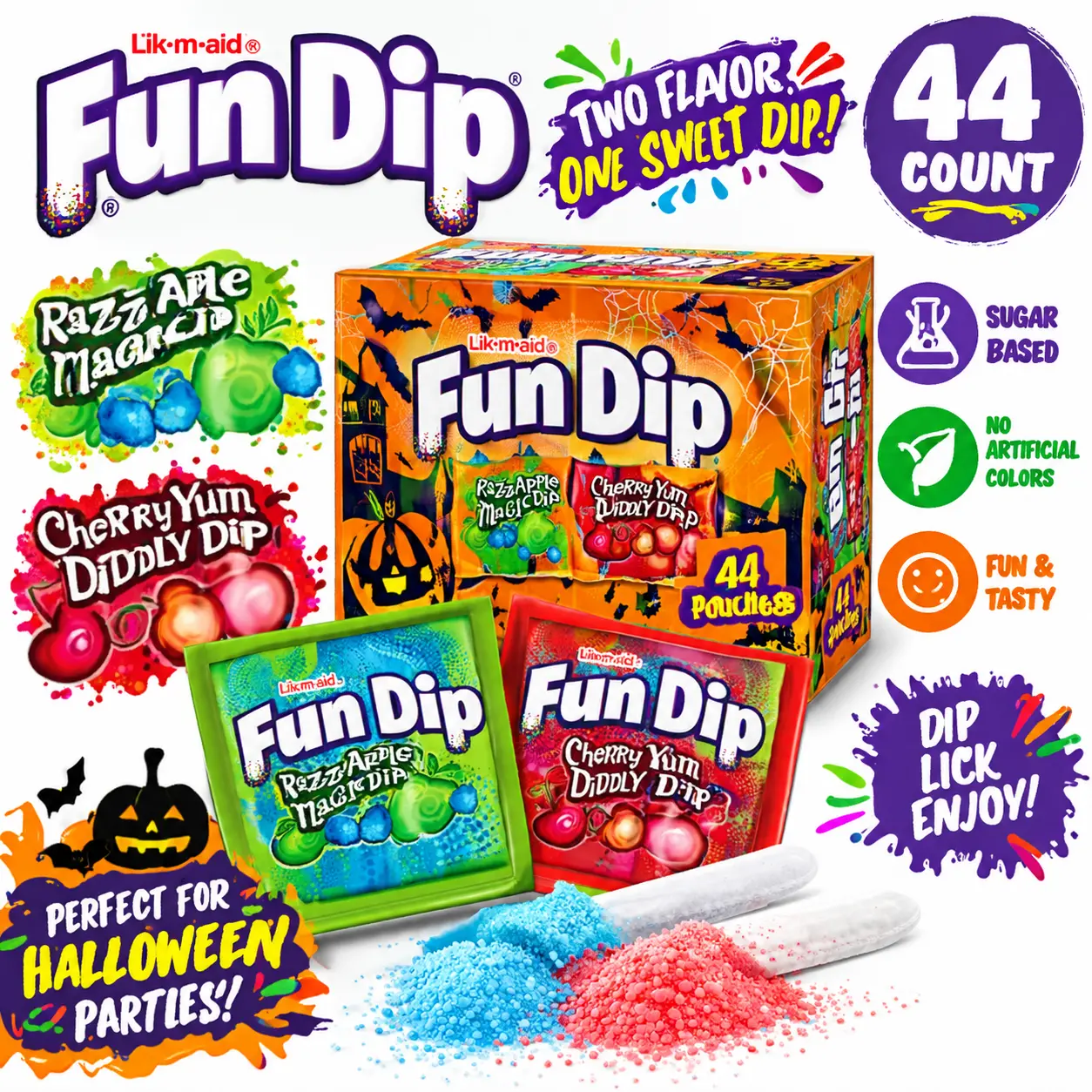 Fun Dip Halloween Sugar Candy 44 Count Display 2 Flavor Assorted Candy Sticks and Dip Powder