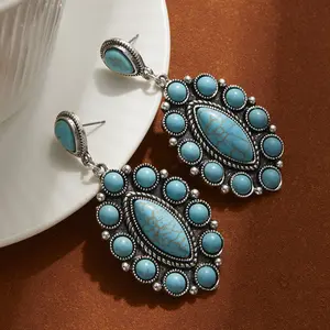 Hollow turquoise heart earrings, high-end vintage ethnic style drop earrings, bohemian earrings for women