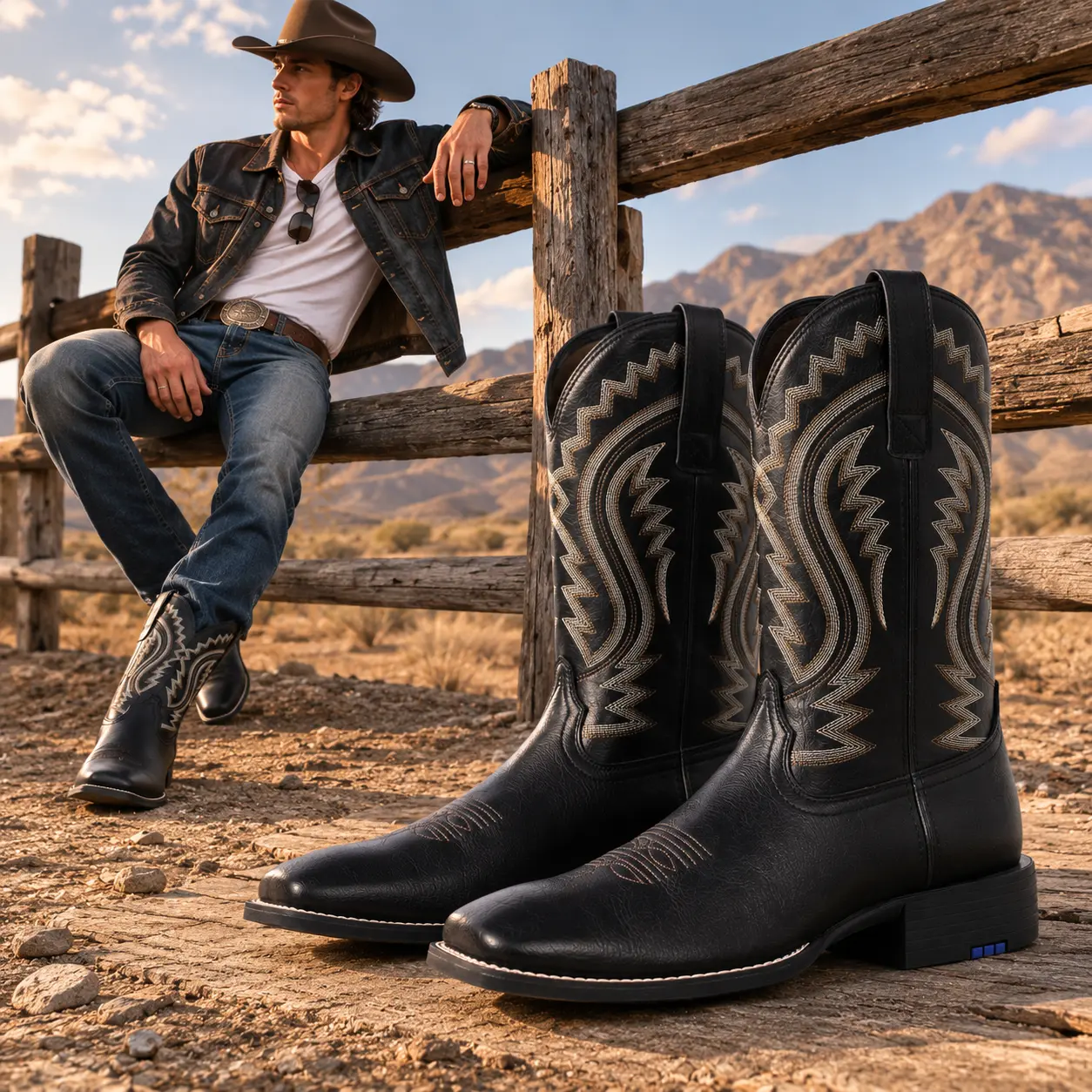Palitutu Black Square-Toe Western Cowboy Boots—mid-calf boots featuring vintage-style stitched embroidery and a durable, non-slip rubber sole; versatile, easy to wear, and stylish. #CowboyBoots #WesternStyle #WomensBoots #Footwear shoe