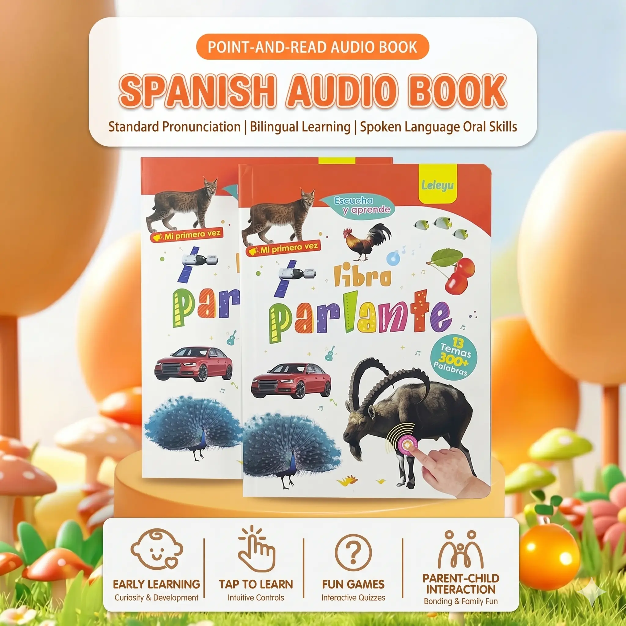 Spanish&English Bilingual Sound Book for Kids Ages 1–6, Interactive Educational Toy with 300+ Words & 13 Themes, Multilingual Language Learning Tool, Educational Toys for Kids & Gift Idea