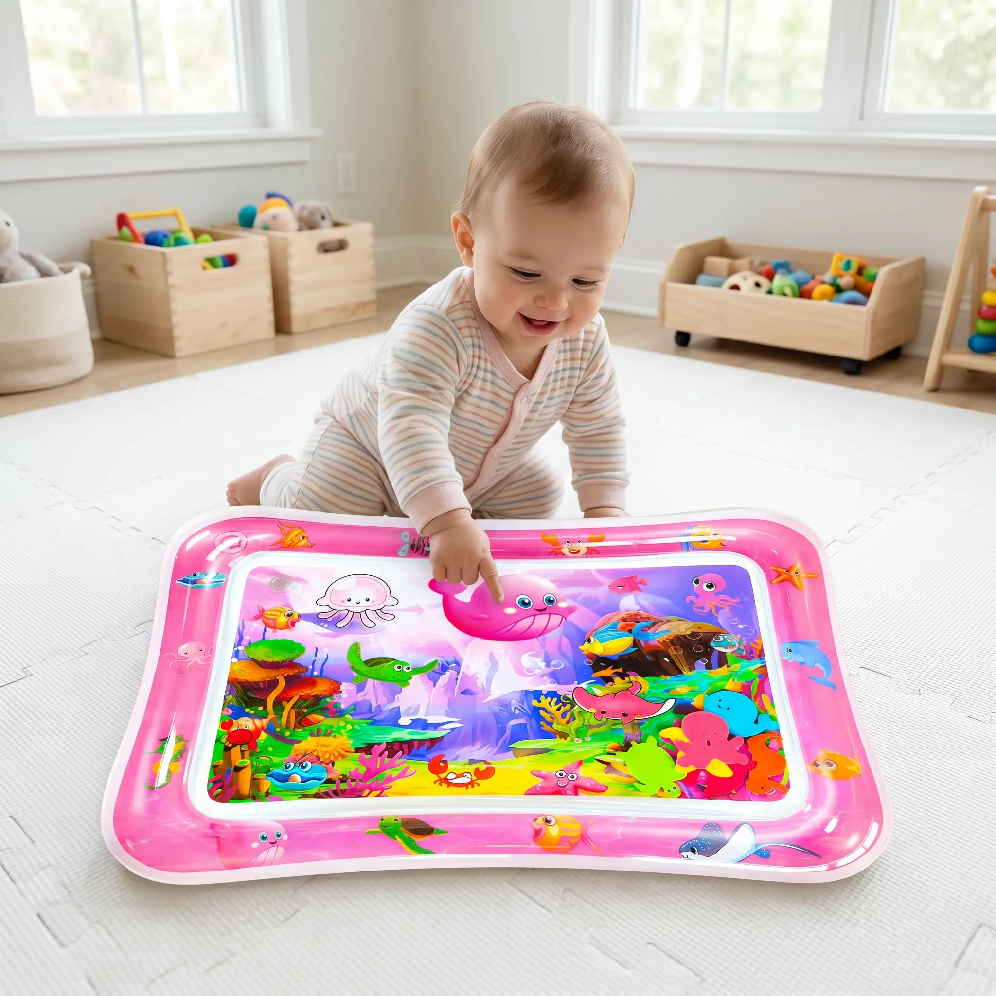 Inflatable Tummy Time Water Mat for Infants 3-24 Months - Seabed Pattern, Marine Animal Design, BPA-Free, Leak-Proof Sensory Water Toy, Toddler Gifts