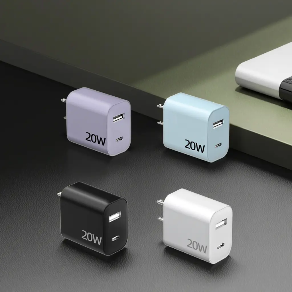 TKT 20W US Plug Charger with Dual Ports USB-A & USB-C Compact Design for Multiple Device Charging Black & Blue Options