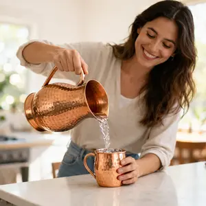 Hammered Water Jug With Lid, Copper Carafe 2Ltr-70oz Capacity Jug, Table Décor & Luxury Gifting