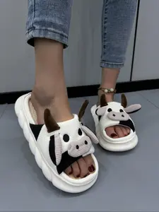 Cute Cartoon Fashion Warm Outdoor Casual Comfortable Lightweight Non-Slip Open-Toe Thick Sole Cow Design Cotton Slippers for Women, Rubber House Shoes