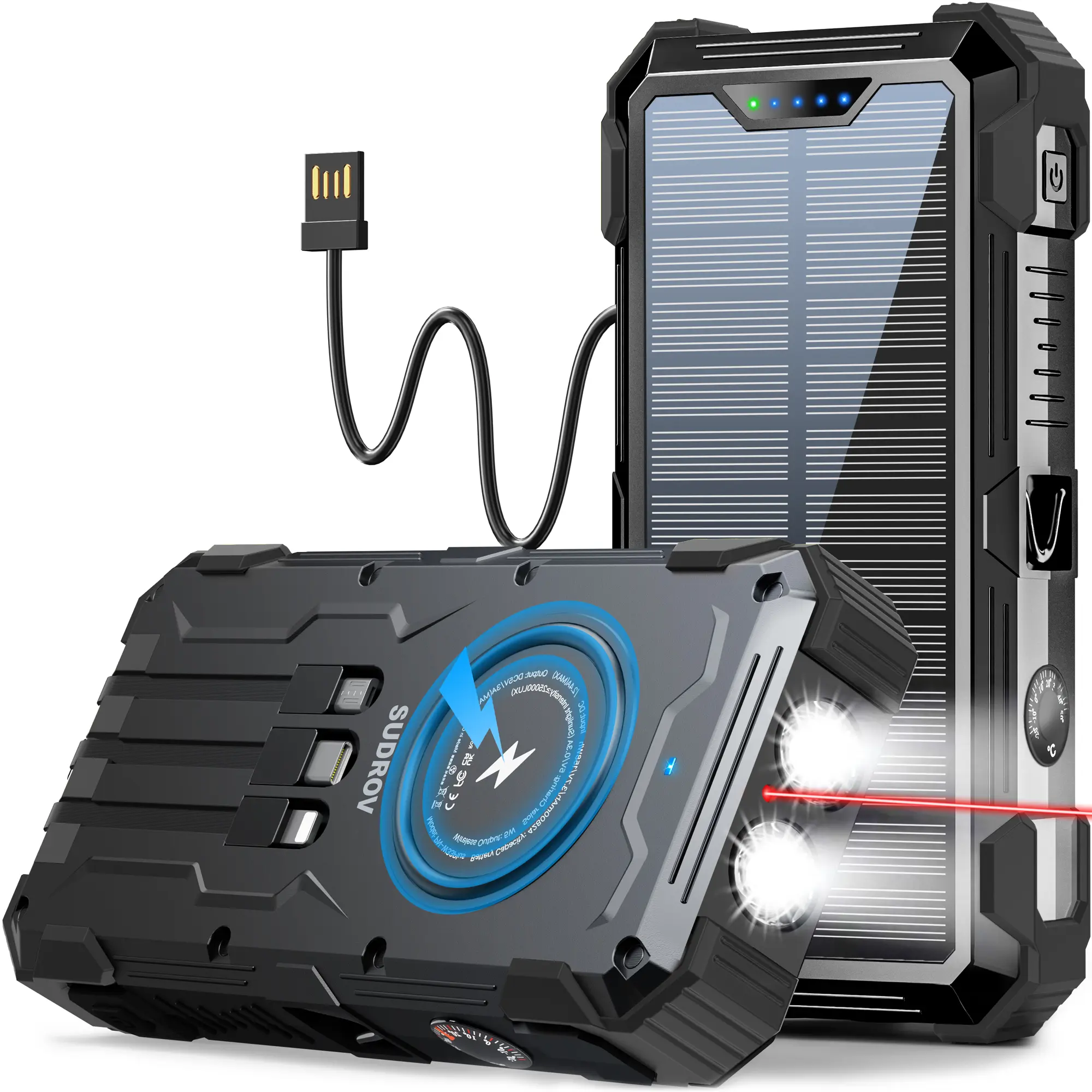 Sudrov 42800 mAh Solar Charger Power Bank Wireless Charger Built in 4 Cables 7 O