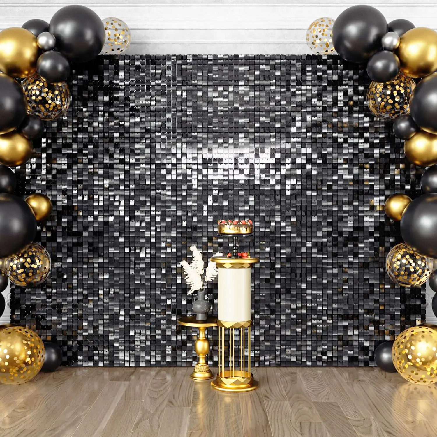 Black Shimmer Square Sequin Backdrop (36pcs/49pcs Pack) - Birthday-Themed Festive Backdrops & Banners, Curtain for Birthday Party, Wedding Decorations, Photo Ornaments
