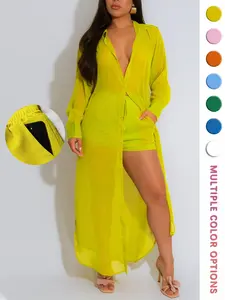 Women's Solid Color Button Front Shirt & Shorts Two-Piece Set, Casual Fashion Chic Cozy Breathable Outfits for Daily Outdoor Wear, Women Clothes for Summer