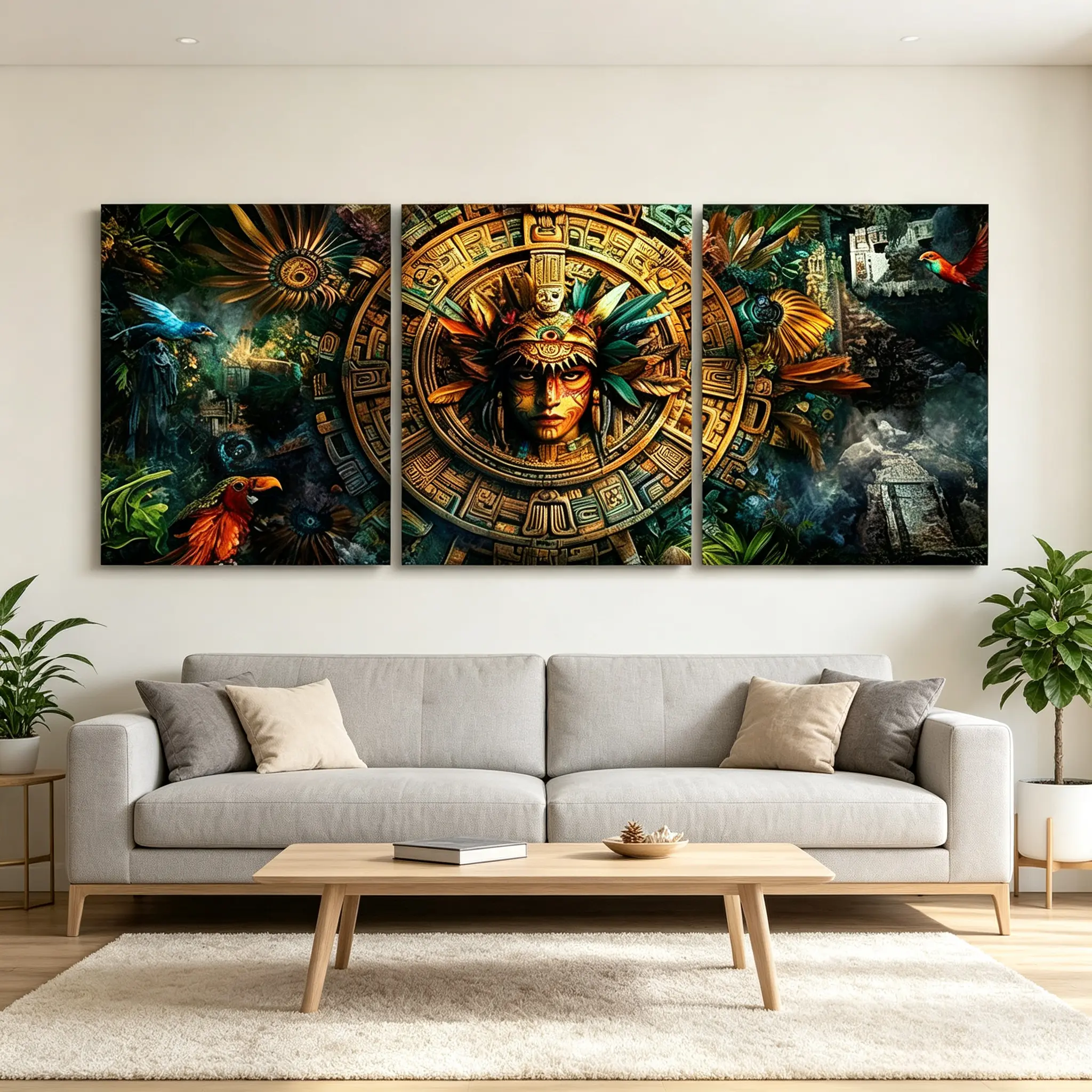 3Pcs Framed Canvas Wall Art - 2D HD Triptych Print, Majestic Aztec Warrior Wall Decoration, Waterproof Canvas with Mount & Hanging Accessories, Multi-Size Home Decor Inspo Gift for Bedroom, Juneteenth Houndstooth Marble Accents