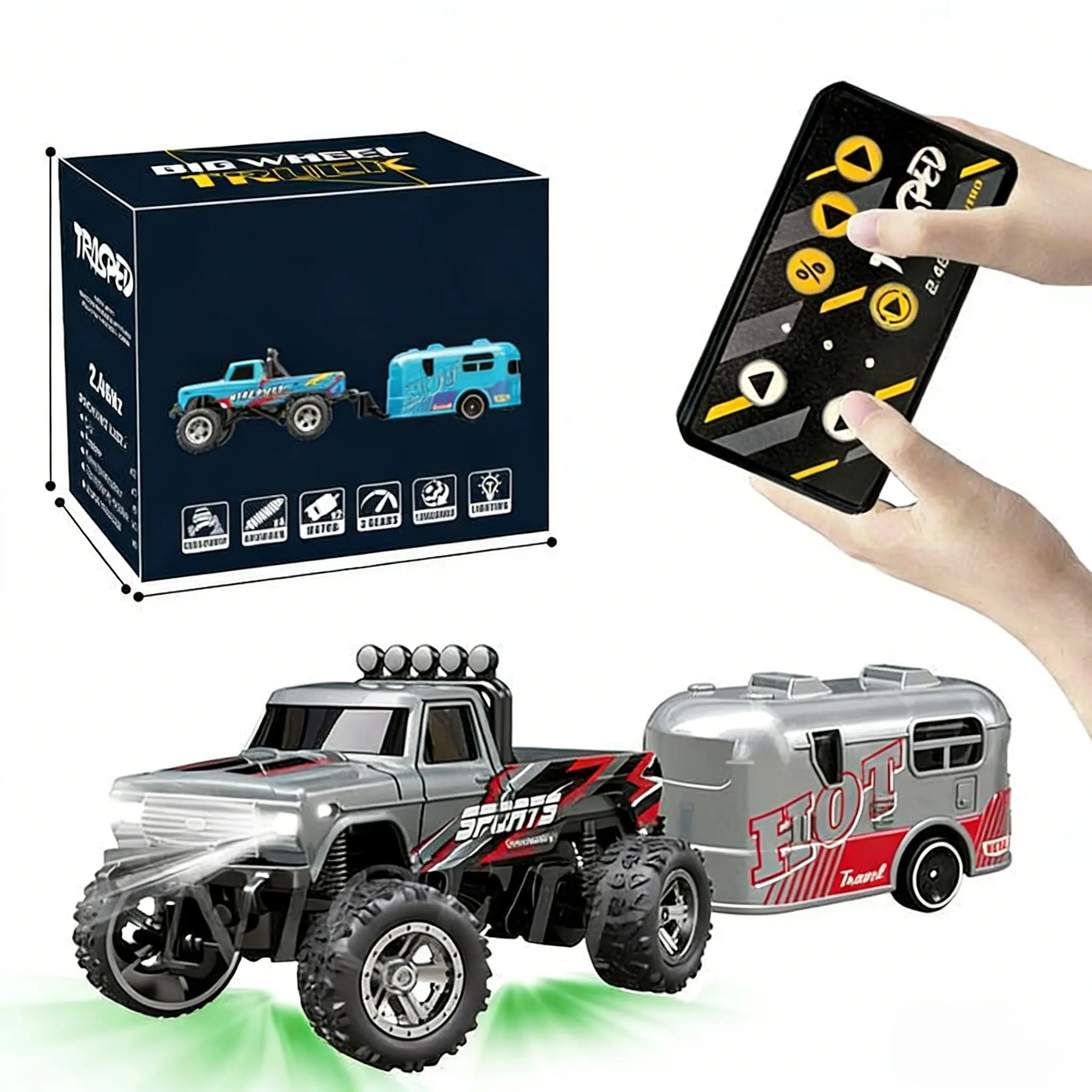 Mini Alloy Remote Control Car with Trailer - RC Toy Truck, Wireless Controller, 3-Level Speed Adjustable, USB-C Fast Charge, Off-Road Stomper, Desktop & Outdoor Use, Boy Gifts