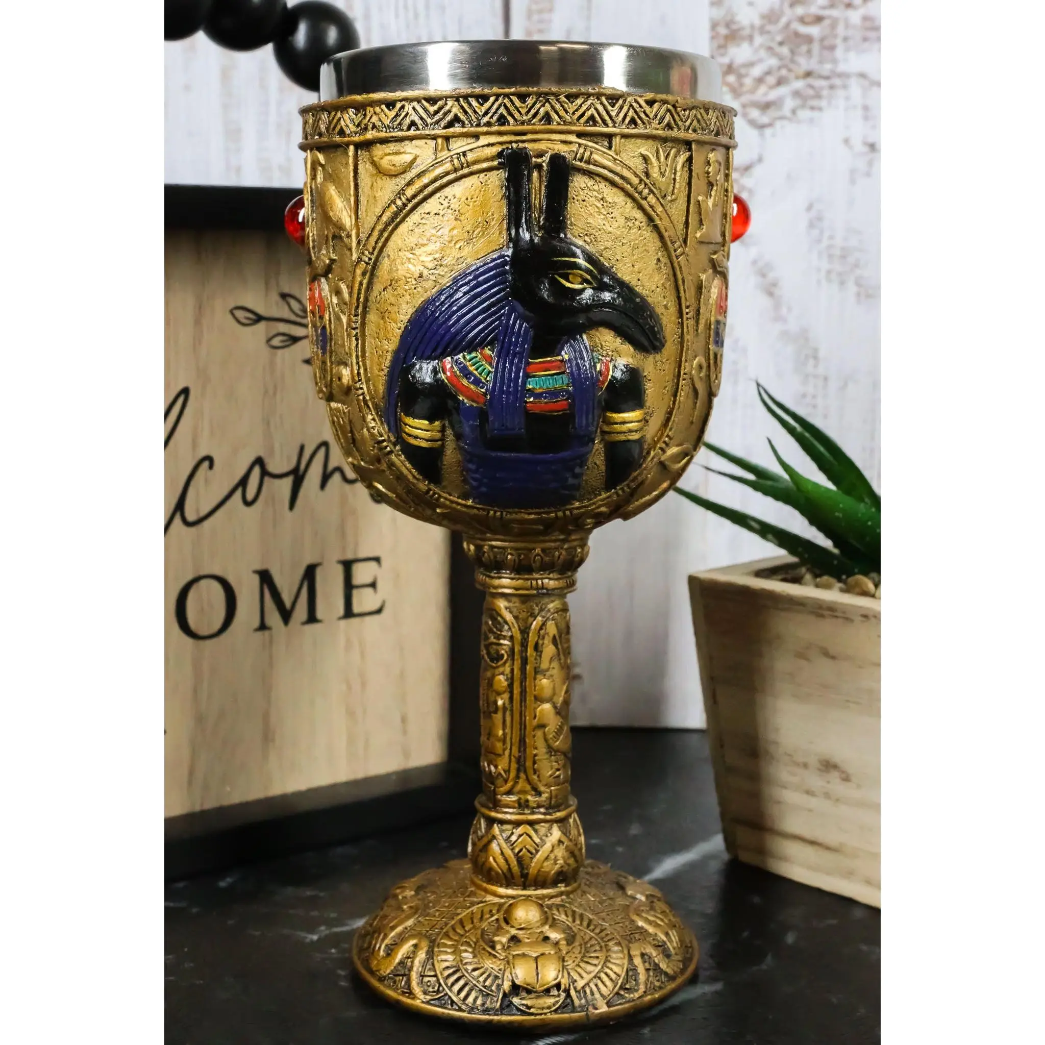 Ancient Egyptian Seth Steel Wine Goblet, Golden Hieroglyphic Design, 6oz Capacity, 7"H Kitchen Drinkware