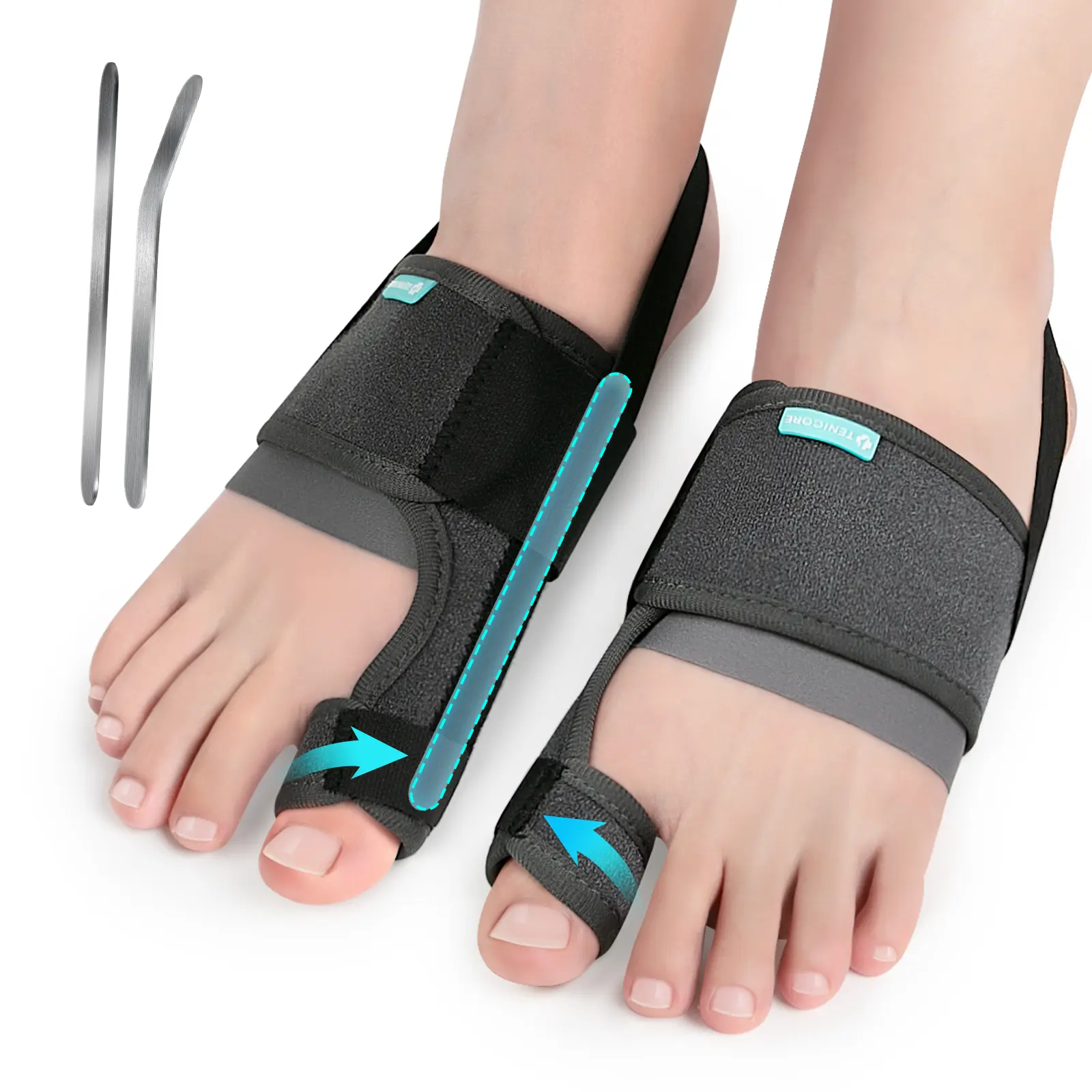 TENICORE Bunion Corrector for Women & Men, Big Toe Straightener Splint with 10° Removable Metal Plate, Adjustable Toe Separator, Breathable Bunion Relief Brace, Wearable in Slippers & Shoes anti-slip heel strap orthopedic