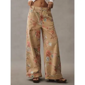 Women’s khaki yellow boho floral print wide-leg jeans with double-rolled hem and front zipper closure, regular fit denim bottoms for all seasons
