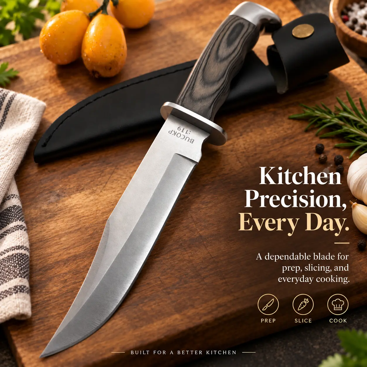 Household food preparation knife with polished stainless steel blade, suitable for cutting meat, fruits and vegetables at home. It features a non-slip laminated wood handle and metal guard for safe storage.