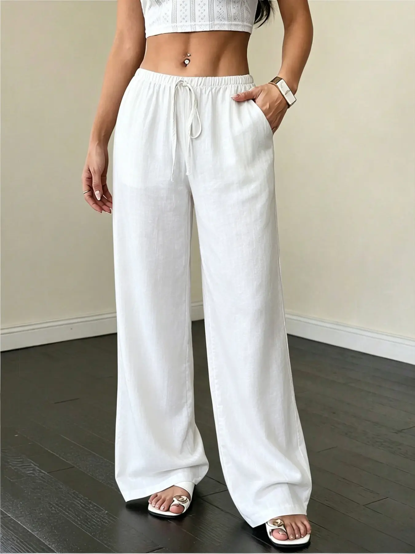 Women's Polka Dot High-Waisted Wide-Leg Loose Pants with Drawstring and Pockets, Casual Boho Bohemian Trousers for Daily Wear, Beach and Vacations, Adjustable