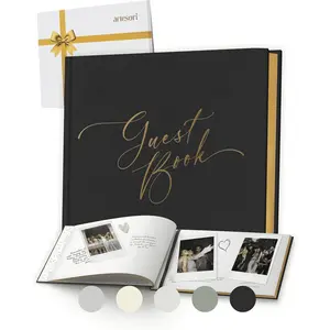 Black Gold-Foiled Blank Linen Guest Book for Wedding Reception, Funeral, Baby Shower Sign in, Elegant Photo & Polaroid Guestbook