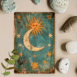 Room Decor 1pc Vintage Sun and Moon Smile Iron Wall Art, 8x12 inches, Rustic Celestial Hanging Decor for Meditation Room, Nature-Inspired Cafe, Study Area - Indoor Metal Wall Hanging