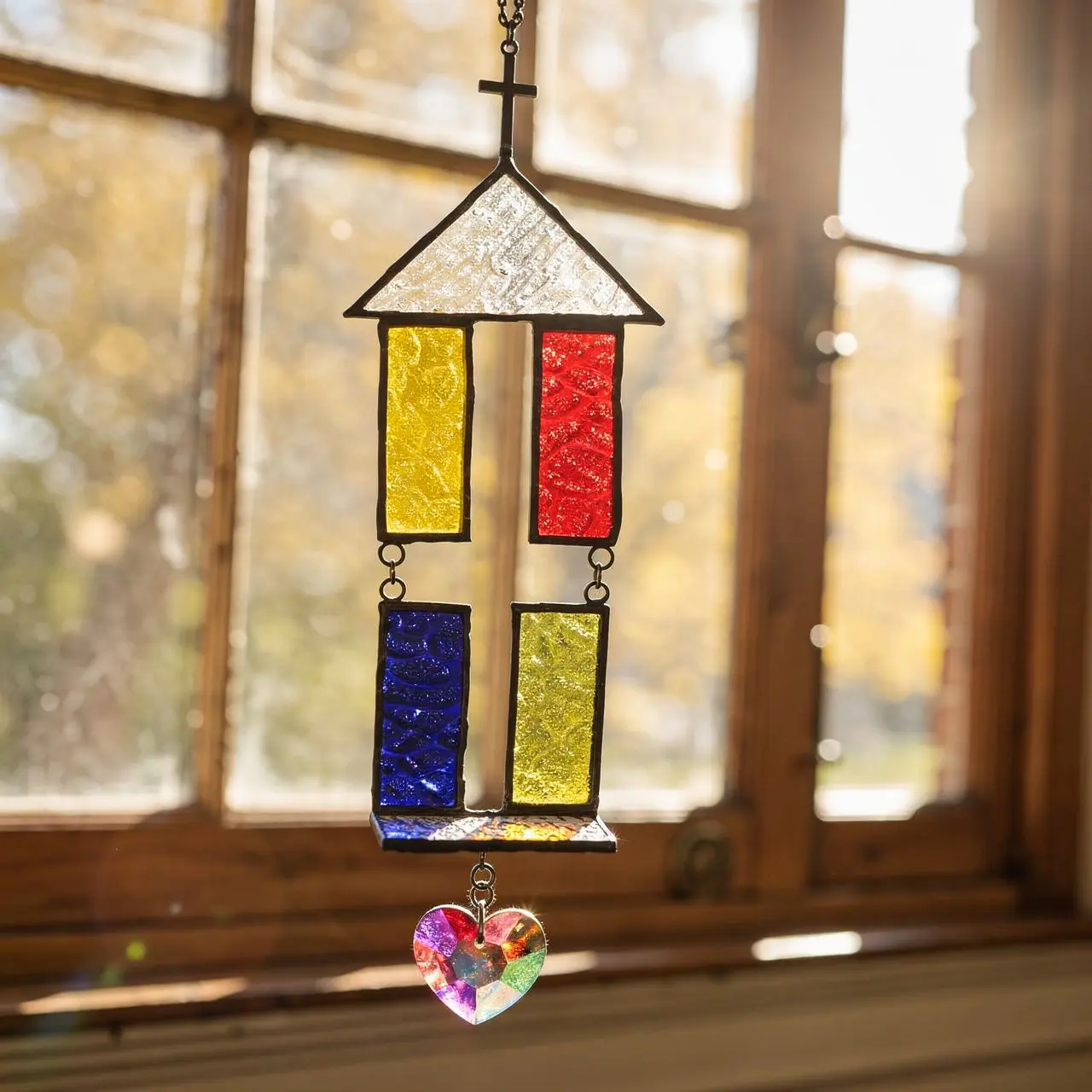 Handmade Stained Glass Cross Suncatcher, 20x11x4cm Heart Wave Rainbow Crystal Window Hanging Decor, Home Supplies for Birthday & Daily Use, Happy Birthday door signs