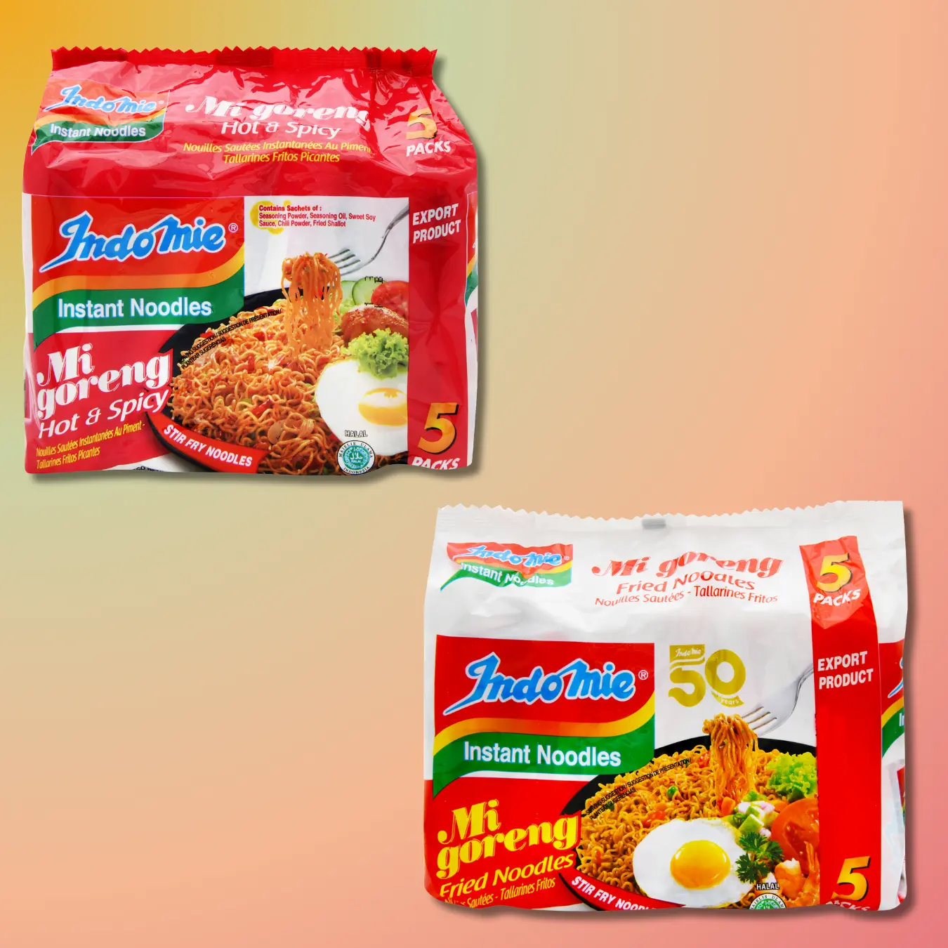 Indomie Ambient Wheat Base Instant Stir-Fried Noodles, 5pk 14.99oz - Original/Hot & Spicy Flavor Savory Pansit (Pantry Food), Instant Noodles Pack, Five Packs