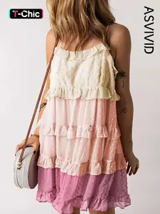 Women's Colorblock Swiss Dot Ruffle Trim Boho Ruffle Hem Tie Back Cami Dress, Boho Fashion Casual Spaghetti Strap Backless Short Dress for Beach Holiday Vacation