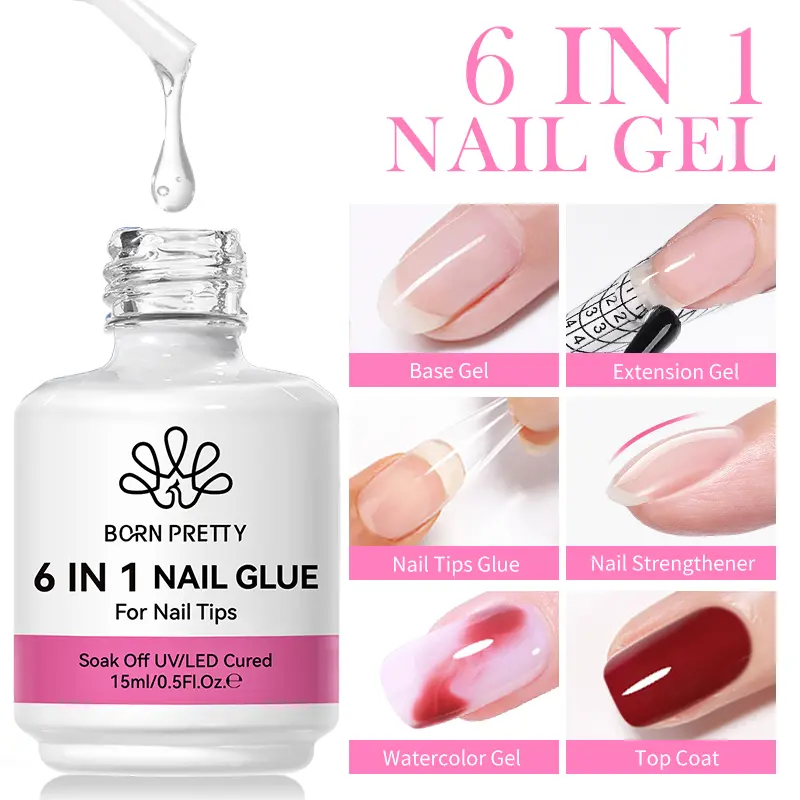 BORN PRETTY 15ml 6-in-1 Multi-Functional Gel Nail Product - Glue, Builder, Extension, Watercolor Formula, Base Coat, Top Coat