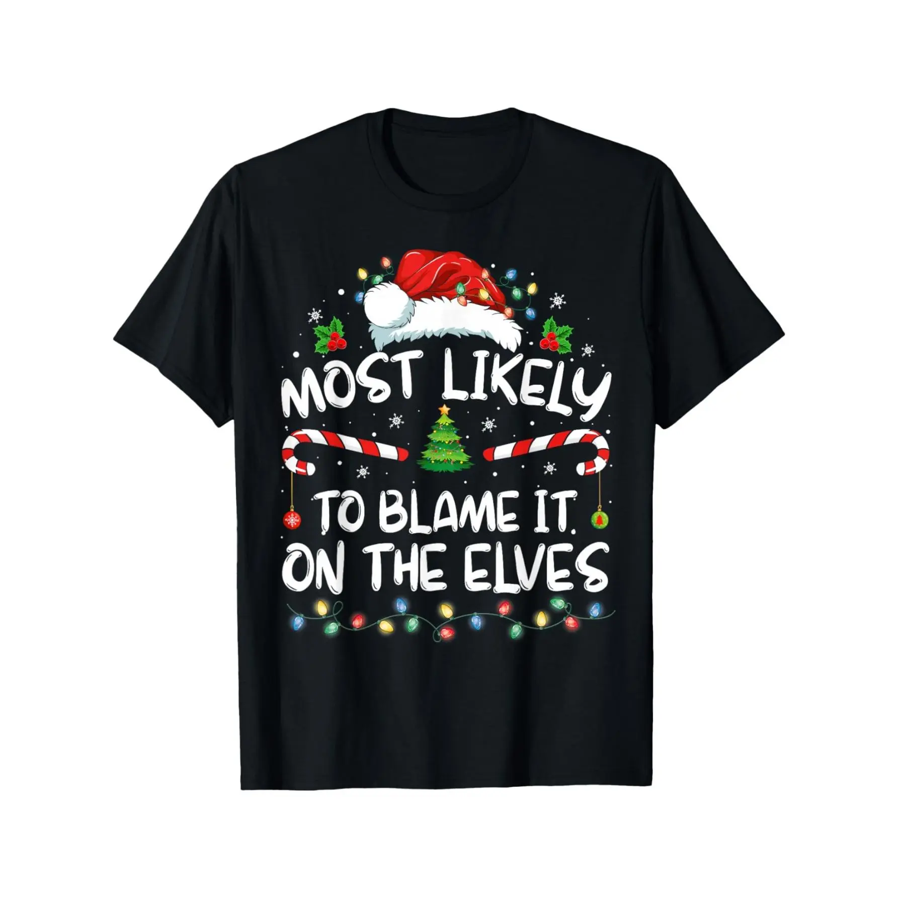 Funny Christmas T-Shirt - Most Likely to Blame It On The Elves - with Elf Graphic - Soft Stretchy Fabric - Funny Holiday Party Outfit - Adult Sizes - Funny Xmas Gift Idea - Year-Round Wear - Blame the Elves graphic tee Casual Oversized Tshirt