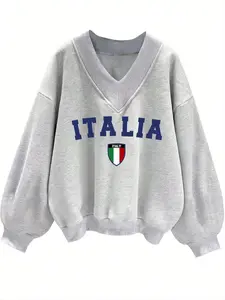 Women's Italy Flag Print V-Neck Pullover Sweatshirt, Casual Long Sleeve Jumper for Fall & Winter, Women's Knitwear for Daily Wear, Hoodie, Lady, Womenswear