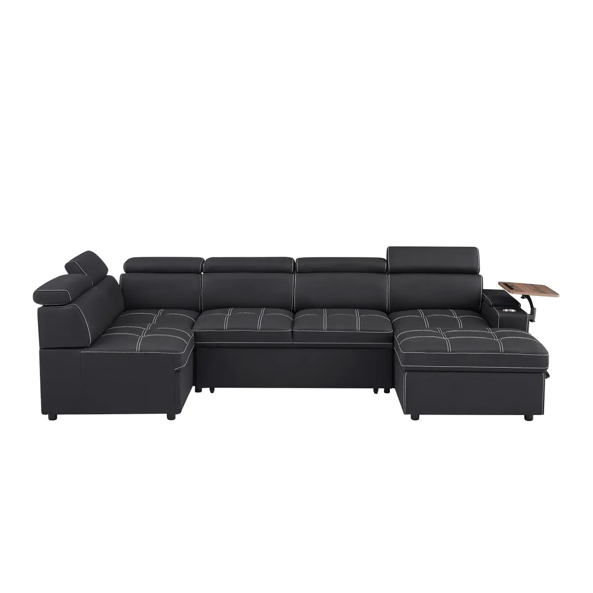 Black Fabric Tufted Look Sectional Sofa for Apartments - Space-Saving, Built-in USB Ports, Storage Ottoman, Plastic 360° Rotation Side Table, Cup Holders (49.6 * 33.1 * 18.2 In)