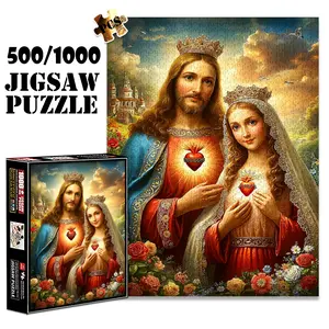 1pc 1000 piece adult puzzle 70x50cm Sacred Heart Jesus and Mary with Crowns and Flowers 500 pieces of paper jigsaw puzzle, suitable for adults and families, large-scale DIY puzzle interactive toy