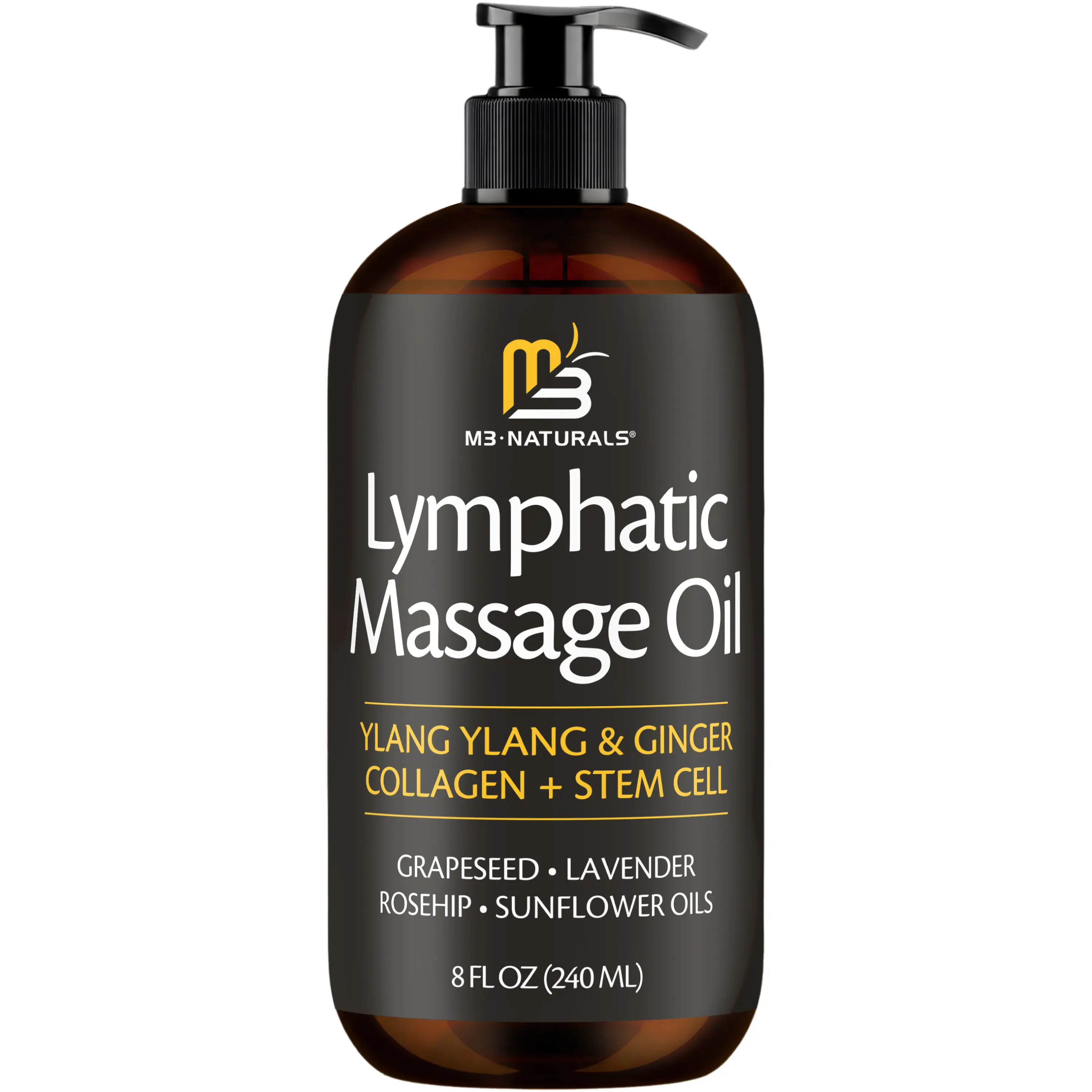 M3 Naturals Ylang Ylang + Ginger Vegan Floral Lymphatic Drainage Massage Oil - 8oz Smooth Lightweight Daily Oil with Collagen, Stem Cells for Circulation, Detox, Cellulite Removal, Muscle Relief, Skin Firming, Calming Nourishment, Blend