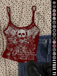 Vintage American Casual Slim-Fitting Skull Eagle Print Crop Top for Valentine's Day and Music Festival, Trendy Summer Vest for Women