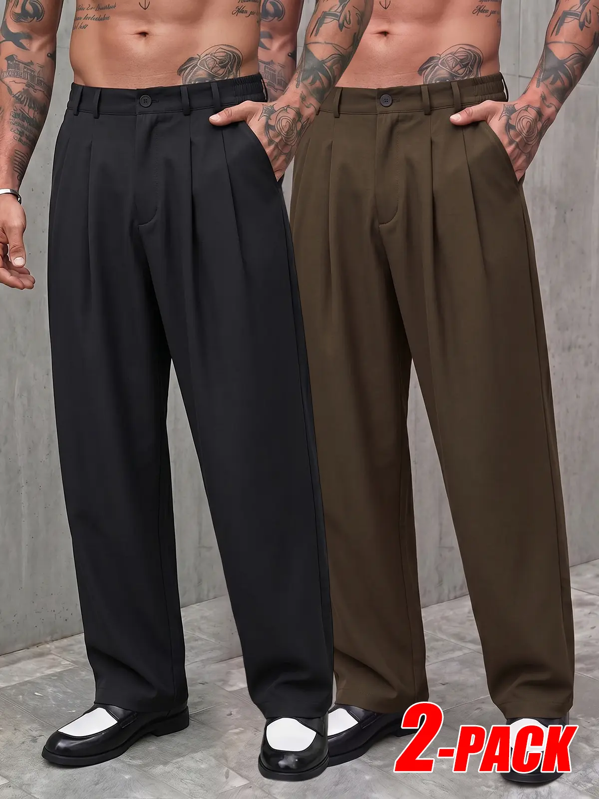 2-PACK Men's Double Pleated Straight Suit Pants, Non-Iron Wrinkle Resist High Drape Trousers, Half Elastic Back Waist, Old Money Style Clean Fit Business Casual Long Pants For Office Commute Value Pack