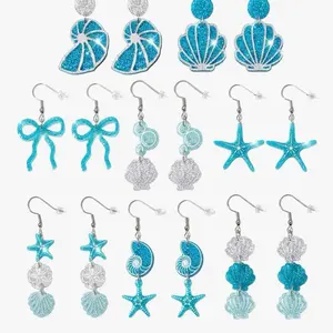 Glitter Acrylic Earring Dangle Drop Sparkly Stud Ear Decor Jewelry Accessory Blue Starfish Design