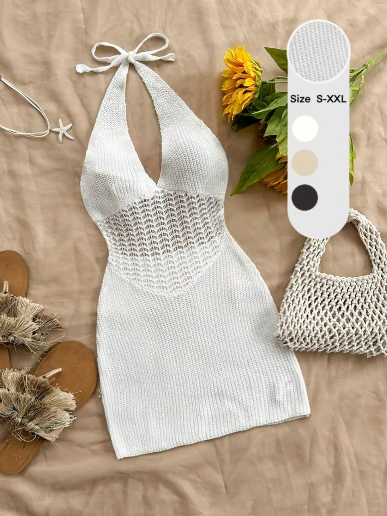 Sexy Deep V Neck Backless Sleeveless Knit Dress for Women, Backless Plunge Neck, Summer Hollow Out Breathable Beach Dress, Fashionable Casual Vacation Wear, Elegant Slimming Sweater Dress, Knitted
