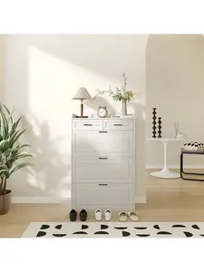 White- Shoe Storage Cabinet With 2 Flip Drawers And 2 Drawers, Freestanding Narrow Entryway Slim Hidden Shoe Rack Organizer Cabinet, White