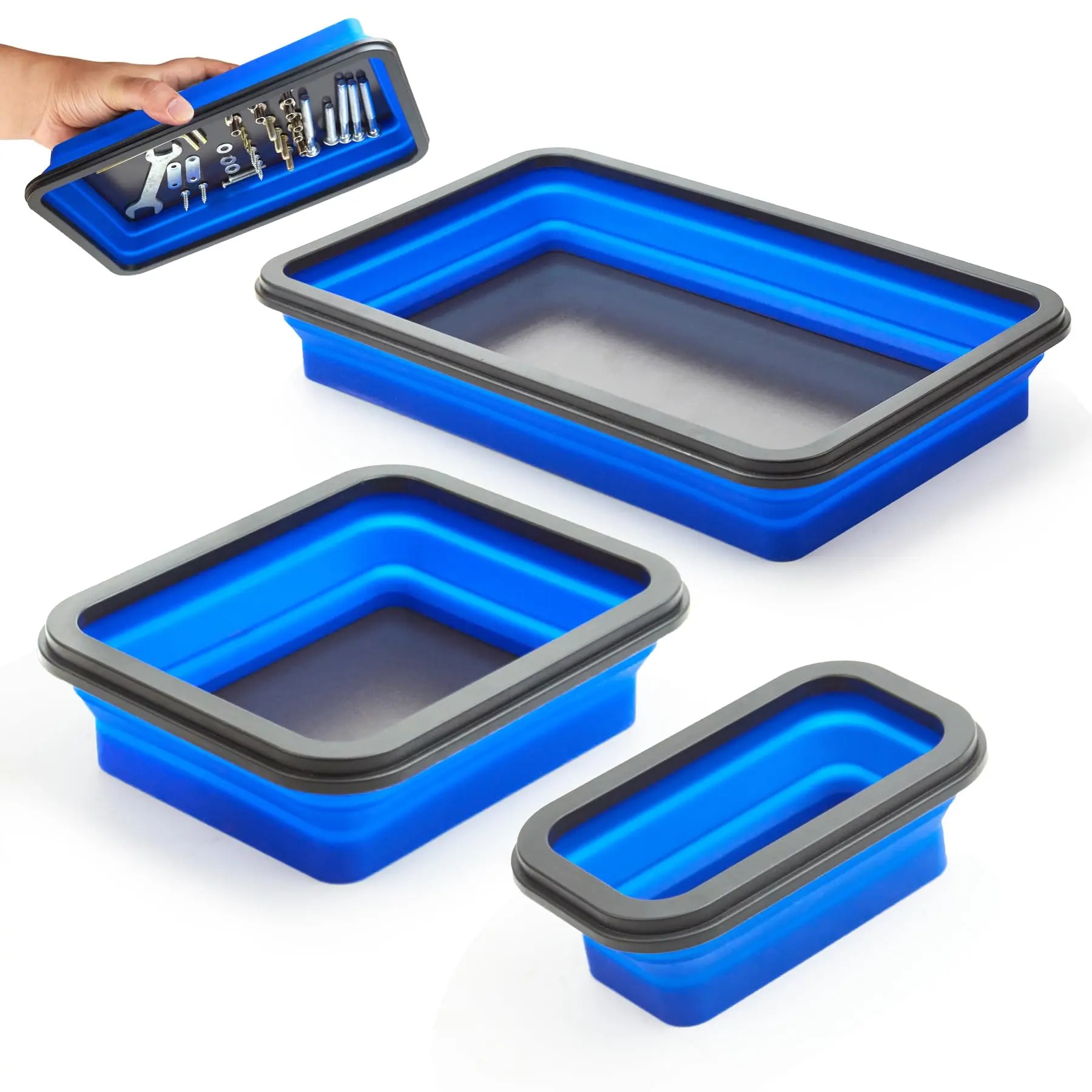 3PCS Collapsible  Magnetic Parts Tray Set Foldable Magnetic Tray 3 Different Size Silicone Tool Trays for Screw, Bolts,Nuts,with Magnetic Base Stores and Organizes Small Parts and Tools