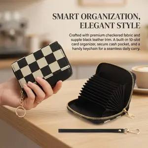 Women’s Minimalist Plaid Zipper Leather Wallet - Lightweight Coin Purse, Card Holder with Multiple Slots for Bank Cards & Small Items, Delicate Gold Charm, Ideal for Mother’s Day Small Gift & Everyday Accessory