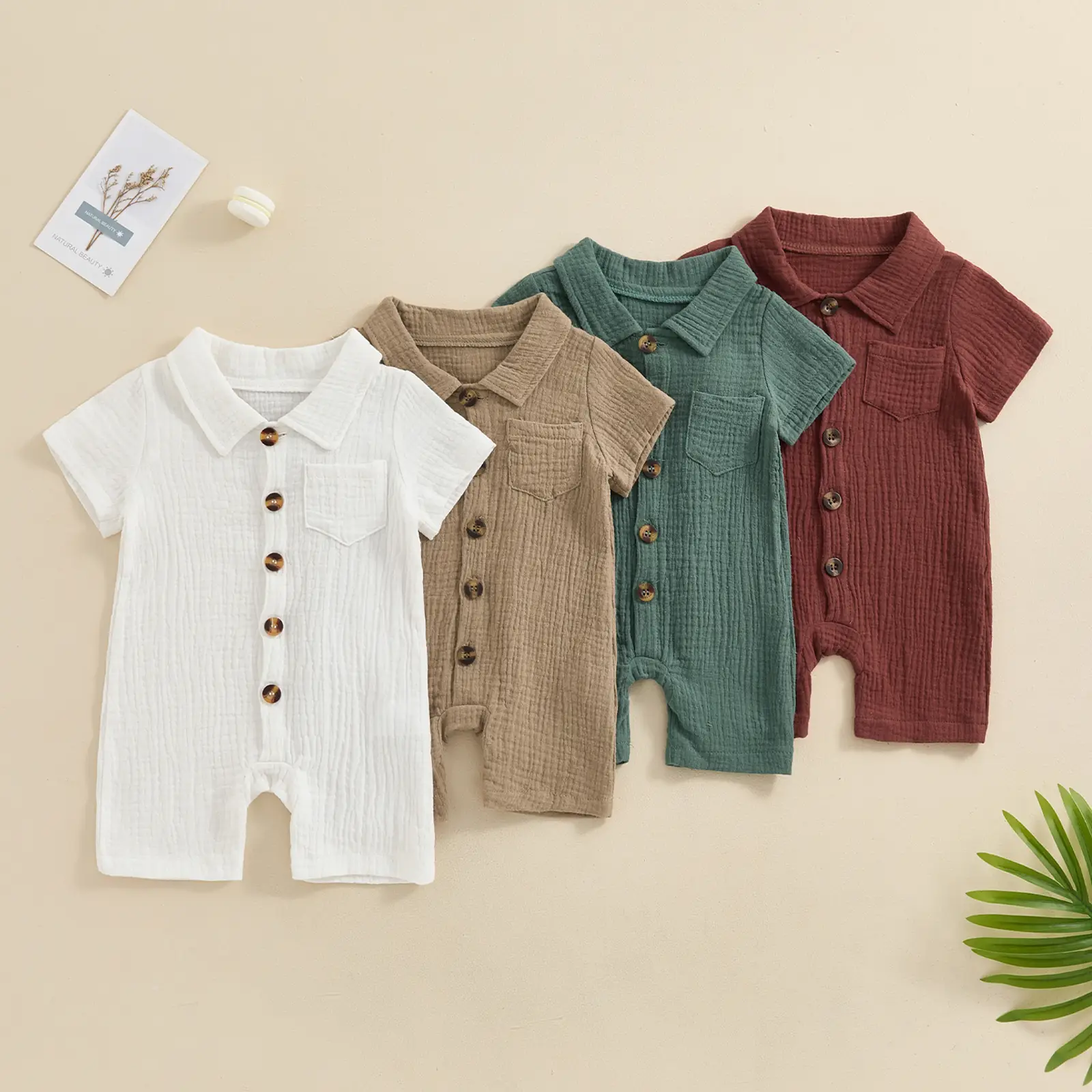 Summer Baby Boy Cotton Linen Jumpsuit Solid Color Short Sleeve Lapel Button Down Playsuit Romper Outfit 0-24M Coveralls