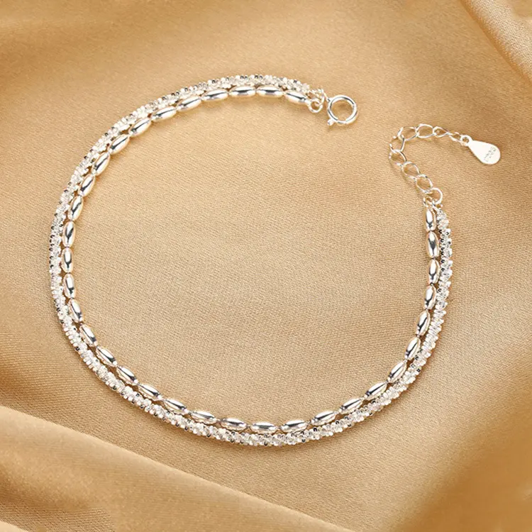 Women's S925 Sterling Silver 2-in-1 Versatile Wear Bracelet-Anklet, Double-Layer Beaded Adjustable Chain, Minimalist Lightweight Everyday Jewelry, Gift for Her