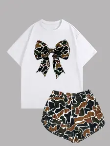 Two-Piece Set Women's Camo Print Bow Tee & Shorts Set, Casual Matching Short Sleeve T-shirt & Shorts, Ladies Summer Clothes, Womenswear