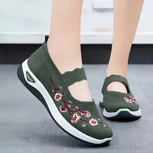 1 Pair of Women's Breathable Knit Sneakers - Non-Slip Comfortable Soft Sole Walking Shoes with Floral Design - Lightweight Low-Top Casual Outdoor Mesh Shoes in Multiple Colors (Green, Gray, Beige, Purple, Navy)