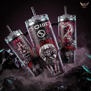 BAD OMENS The Death of Peace of Mind Cerberus Hannya Oni Style Metalcore Tumbler, 40 oz Vacuum Insulated Water Bottle, 18/8 Stainless Steel, Leakproof Splash-Proof, 12H+ Hot/Cold Retention, for Rock Lovers