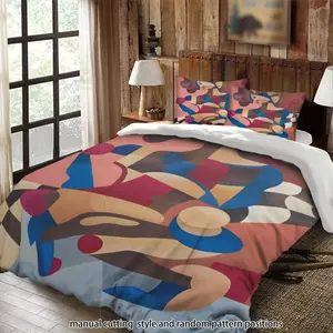Abstract art figure geometric color block painting 3-piece quilt set, bedding set, suitable as a gift.