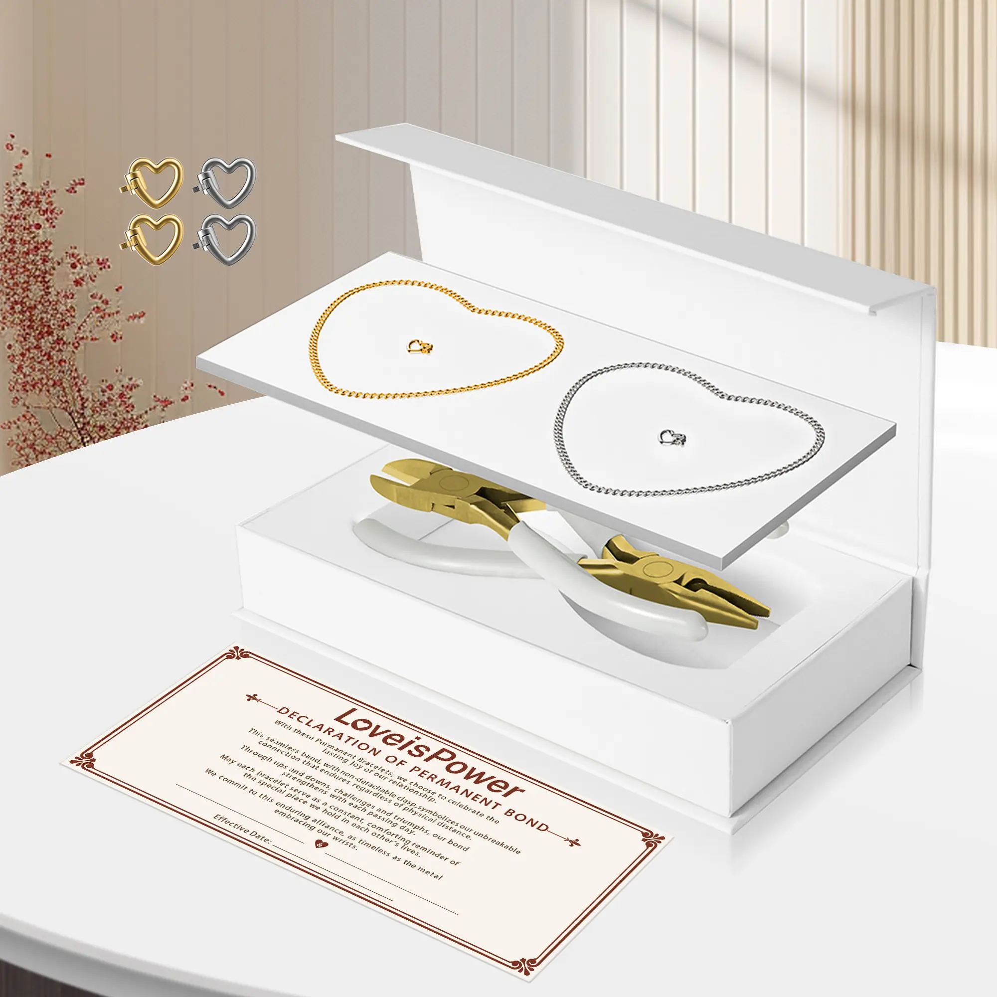 Couples Permanent Bracelet Kit, Dainty Stainless Steel Locking Bracelet with Heart Lock, Adjustable & Waterproof, Romantic Date Night Gift