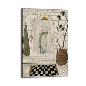 Charming Frog Bath Artistic Wall Decor, Waterproof Canvas Poster, Cute And Vibrant Poster for Bathroom, Living Room, Bedroom, Dorm, A Perfect Gift Idea for New Year Home Decor