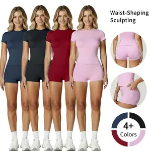 Women's 2-Piece Gym Yoga Set - Athletic Training Apparel, Casual Activewear, 88% Polyester 12% Spandex Breathable High-Waist Slim-Fit Waist-Shaping Sculpting T-Shirt & Above-the-Knee Shorts for Summer Gym, Lounge, Two Piece Set